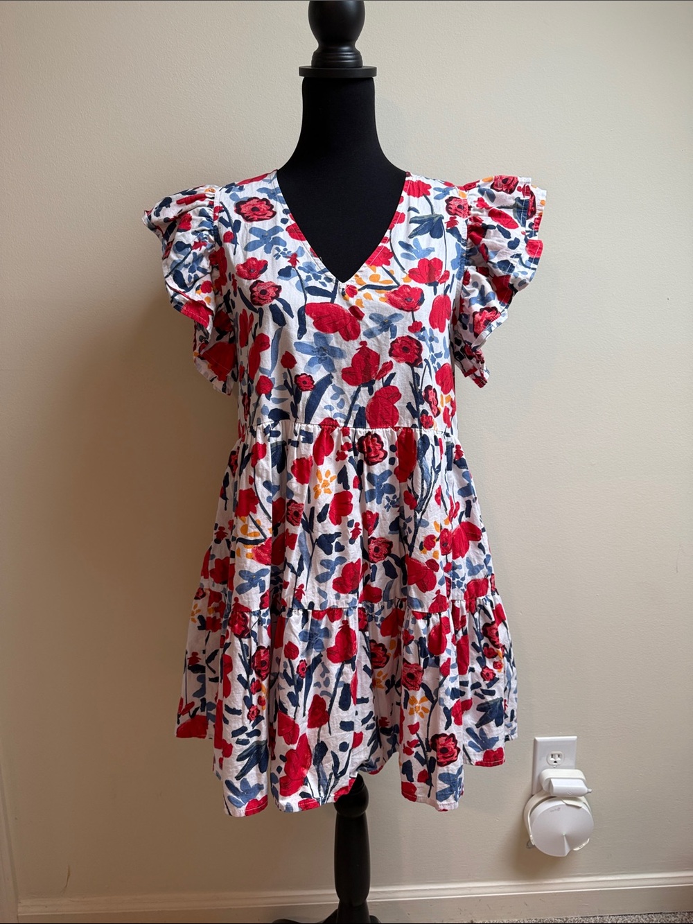 entro Floral V-Neck Ruffle Sleeve Mini Dress in White, Red, Blue